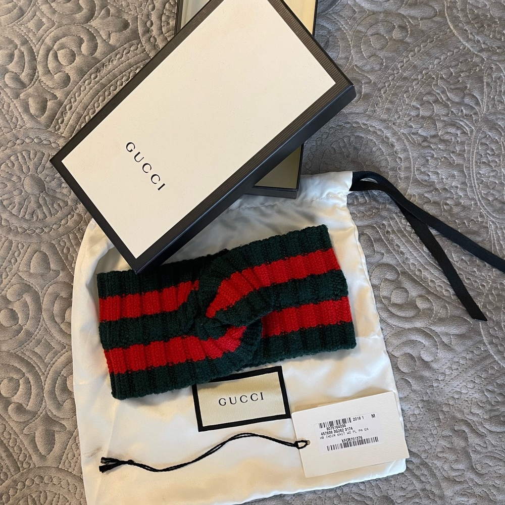 Gucci knitted wool headband House web green & red